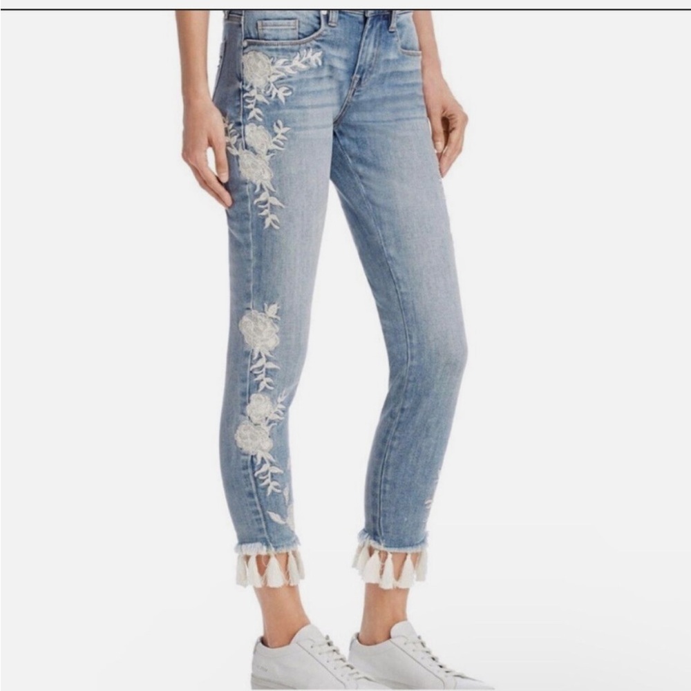 Topshop floral appliqued jeans with tassels
